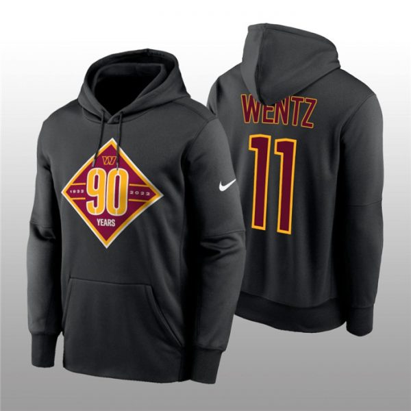 Men Washington Commanders #11 Carson Wentz Black 90th Anniversary Performance Pullover Hoodie