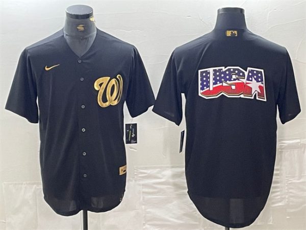 Men Washington Nationals Black Team Big Logo Cool Base Stitched Baseball Jersey
