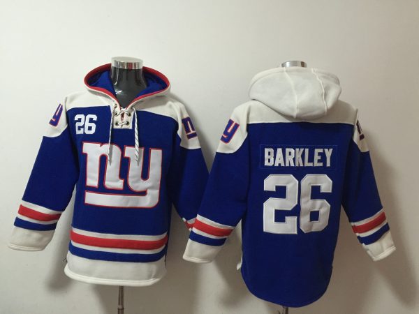 Men New York Giants #26 Saquon Barkley Blue Lace-Up Pullover Hoodie