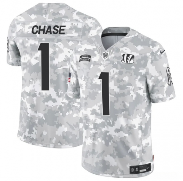 Men Cincinnati Bengals #1 Ja'Marr Chase 2024 F.U.S.E Arctic Camo Salute to Service Limited Stitched Football Jersey