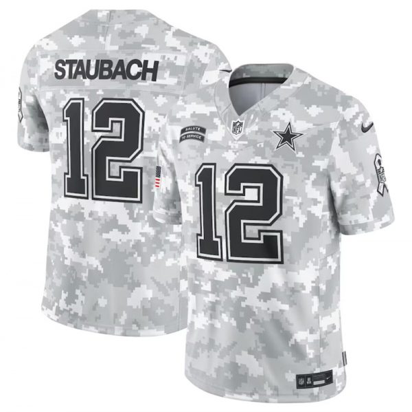 Men Dallas Cowboys #12 Roger Staubach 2024 Arctic Camo Salute to Service Limited Stitched Football Jersey