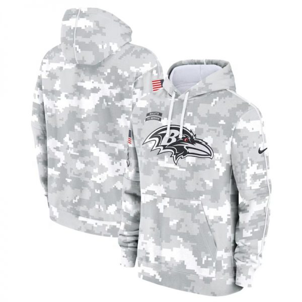 Men Baltimore Ravens 2024 Arctic Camo Salute to Service Club Fleece Pullover Hoodie