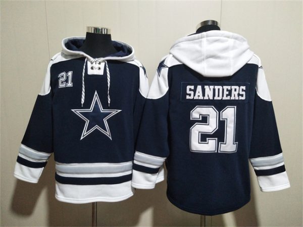Men Dallas Cowboys #21 Deion Sanders Navy Ageless Must-Have Lace-Up Pullover Hoodie