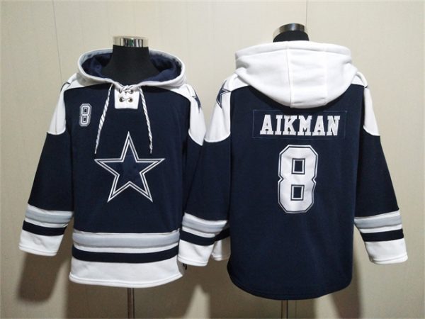 Men Dallas Cowboys #8 Troy Aikman Navy Ageless Must-Have Lace-Up Pullover Hoodie