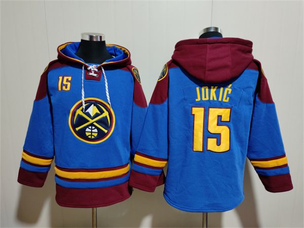 Men Denver Nuggets #15 Nikola Jokic Blue/Red Lace-Up Pullover Hoodie