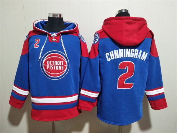 Men Detroit Pistons #2 Cade Cunningham Blue/Red Lace-Up Pullover Hoodie