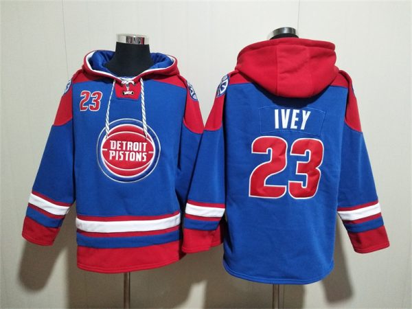 Men Detroit Pistons #23 Jaden Ivey Blue/Red Lace-Up Pullover Hoodie