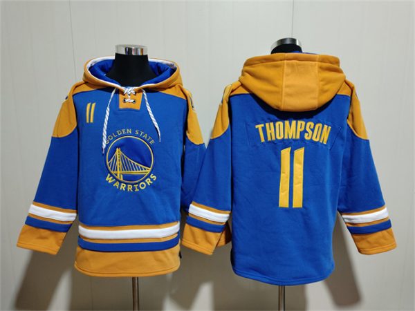 Men Golden State Warriors #11 Klay Thompson Blue/Yellow Lace-Up Pullover Hoodie