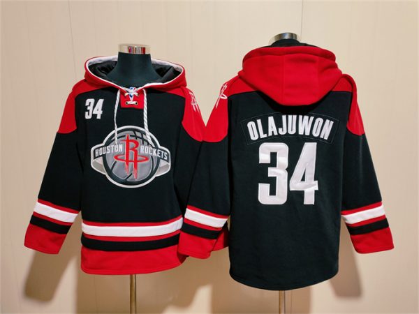 Men Houston Rockets #34 Hakeem Olajuwon Black/Red Lace-Up Pullover Hoodie