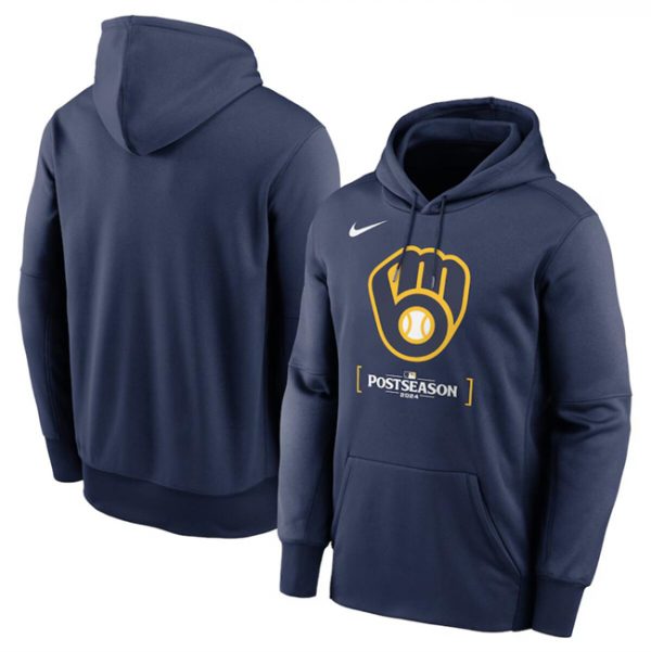 Men Milwaukee Brewers Navy 2024 Postseason Collection Therma Pullover Hoodie