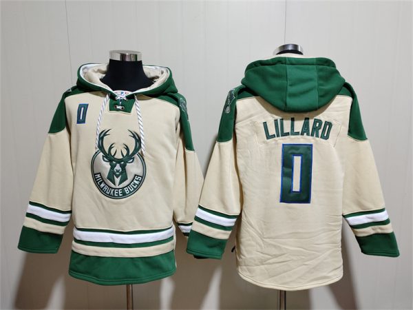 Men Milwaukee Bucks #0 Damian Lillard Cream Lace-Up Pullover Hoodie