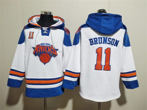 Men New Yok Knicks #11 Jalen Brunson White Lace-Up Pullover Hoodie