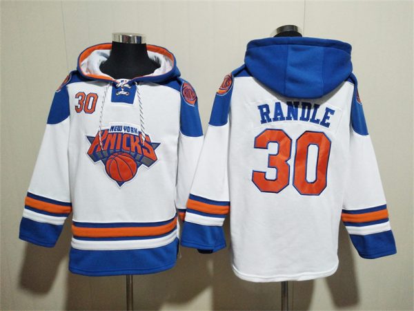 Men New Yok Knicks #30 Julius Randle White Lace-Up Pullover Hoodie