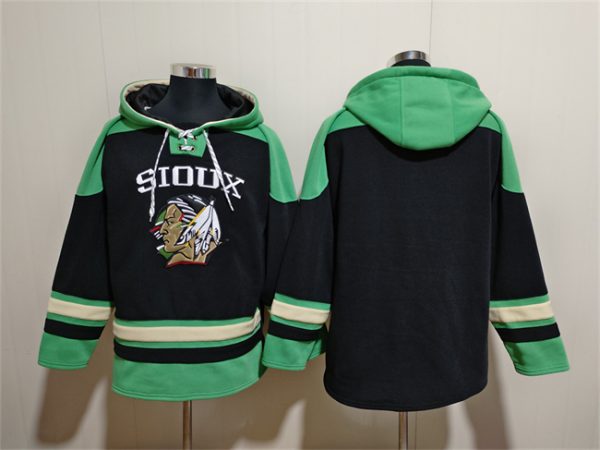 Men North Dakota Fighting Hawks Blank Black/Green Lace-Up Pullover Hoodie