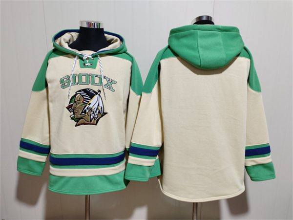 Men North Dakota Fighting Hawks Blank Cream/Green Lace-Up Pullover Hoodie