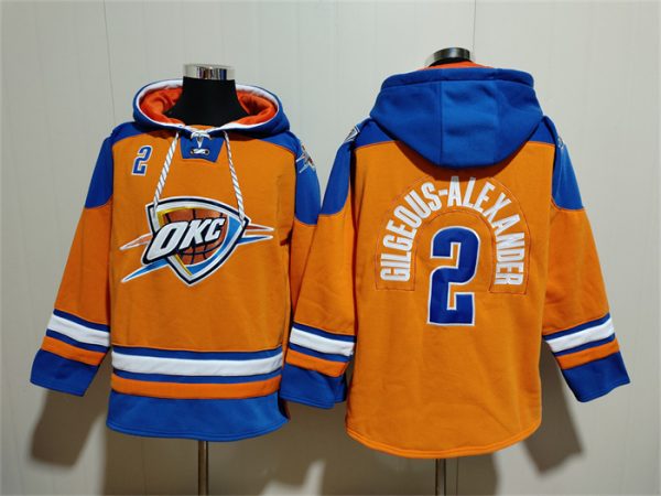 Men Oklahoma City Thunder #2 Shai Gilgeous-Alexander Orange/Blue Lace-Up Pullover Hoodie