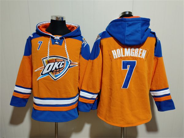 Men Oklahoma City Thunder #7 Chet Holmgren Orange/Blue Lace-Up Pullover Hoodie