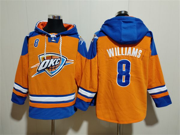 Men Oklahoma City Thunder #8 Jalen Williams Orange/Blue Lace-Up Pullover Hoodie