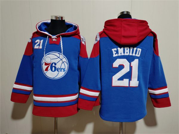 Men Philadelphia 76ers #21 Joel Embiid Royal/Red Lace-Up Pullover Hoodie