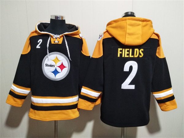 Men Pittsburgh Steelers #2 Justin Fields Black Ageless Must-Have Lace-Up Pullover Hoodie