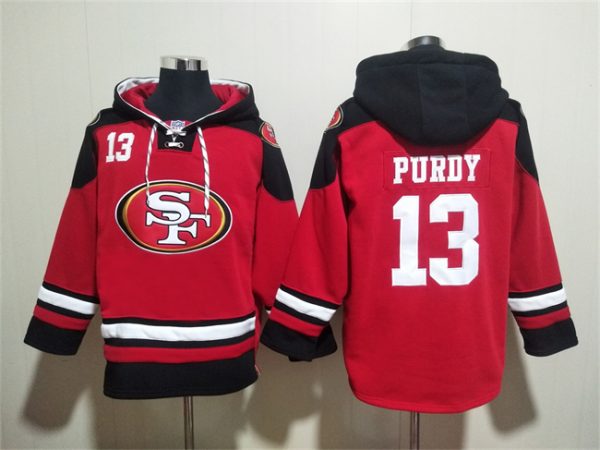 Men San Francisco 49ers #13 Brock Purdy Red/Black Ageless Must-Have Lace-Up Pullover Hoodie
