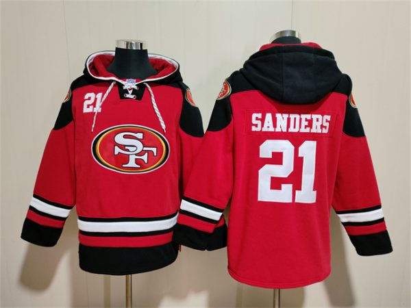 Men San Francisco 49ers #21 Deion Sanders Red/Black Ageless Must-Have Lace-Up Pullover Hoodie