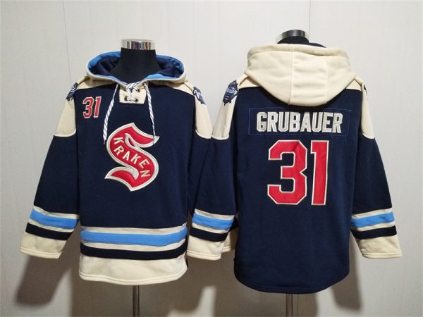 Men Seattle Kraken #31 Philipp Grubauer Deep Sea Blue Lace-Up Pullover Hoodie
