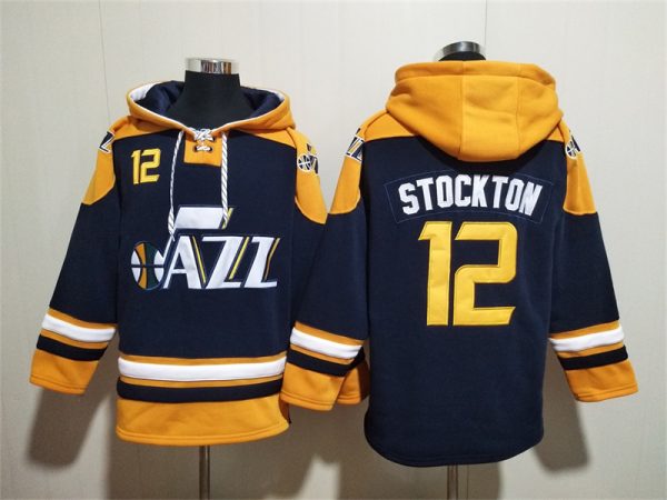 Men Utah Jazz #12 John Stockton Navy/Yellow Lace-Up Pullover Hoodie