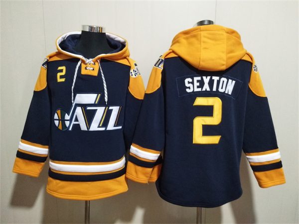 Men Utah Jazz #2 Collin Sexton Navy/Yellow Lace-Up Pullover Hoodie
