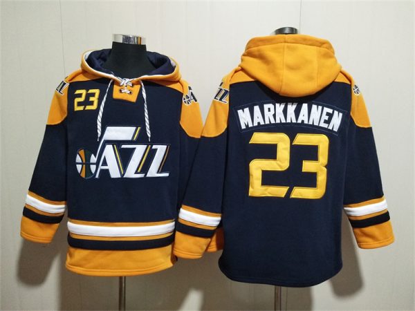 Men Utah Jazz #23 Lauri Markkanen Blue/Grey Lace-Up Pullover Hoodie