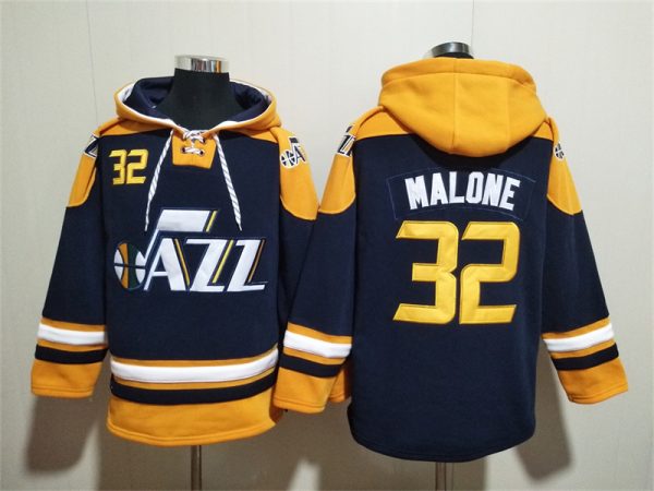 Men Utah Jazz #32 Karl Malone Navy/Yellow Lace-Up Pullover Hoodie